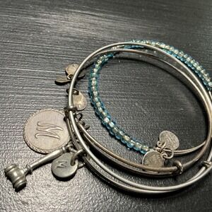 Alex and Ani Initial M Gavel Blue Beaded Bangle Bracelet Set Rafaelian Silver